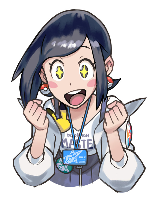 1girl badge black_eyes black_hair blue_skirt blush_stickers body_blush button_badge character_badge clenched_hands clothes_writing collarbone copyright_name earrings gen_1_pokemon gen_2_pokemon hair_behind_ear id_card jacket jewelry kana_(pokemon) nintendo off-shoulder_jacket off_shoulder official_art open_clothes open_jacket open_mouth pikachu poke_ball_earrings poke_ball_print poke_ball_symbol poke_ball_theme pokemon pokemon_(creature) pokemon_masters_ex porygon2 shirt skirt smile solo sparkling_eyes star_(symbol) star_print suspender_skirt suspenders teeth tongue upper_body upper_teeth_only white_background white_jacket white_shirt zipper_pull_tab
