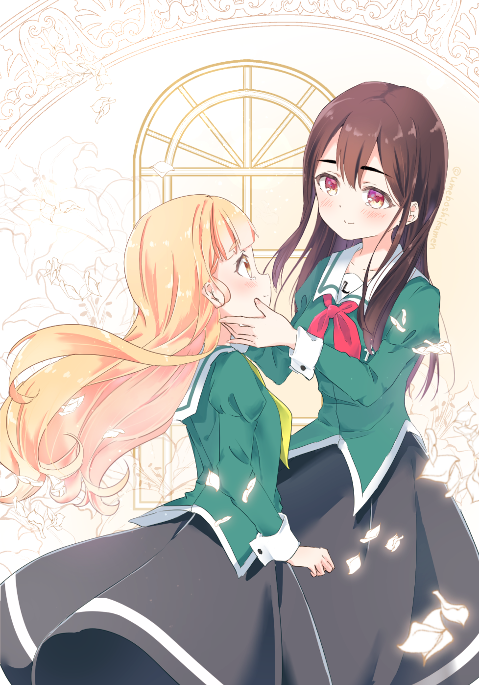 2girls blonde_hair blush breasts brown_hair closed_mouth flower hand_on_another&#039;s_face highres liebe_girls_academy_school_uniform lily_(flower) long_hair looking_at_another mearian multiple_girls neckerchief red_neckerchief school_uniform shiraki_hime small_breasts smile watashi_no_yuri_wa_oshigoto_desu! yano_mitsuki_(watayuri) yellow_eyes yuri