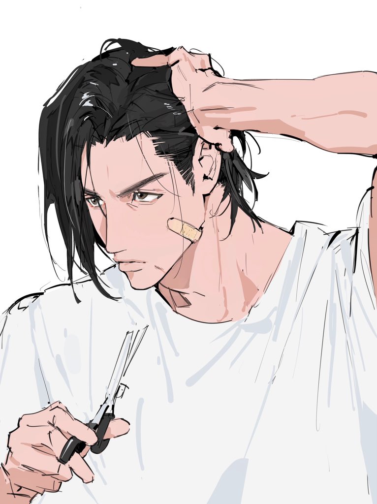 11114tai 1boy adam&#039;s_apple arm_up bandaid bandaid_on_cheek bandaid_on_face brown_eyes commentary crew_neck facial_hair hair_slicked_back hand_in_own_hair holding holding_scissors looking_ahead male_focus mitsui_hisashi parted_lips scissors shirt short_sleeves sideburns sideburns_stubble simple_background slam_dunk_(series) solo stubble symbol-only_commentary t-shirt upper_body white_background white_shirt