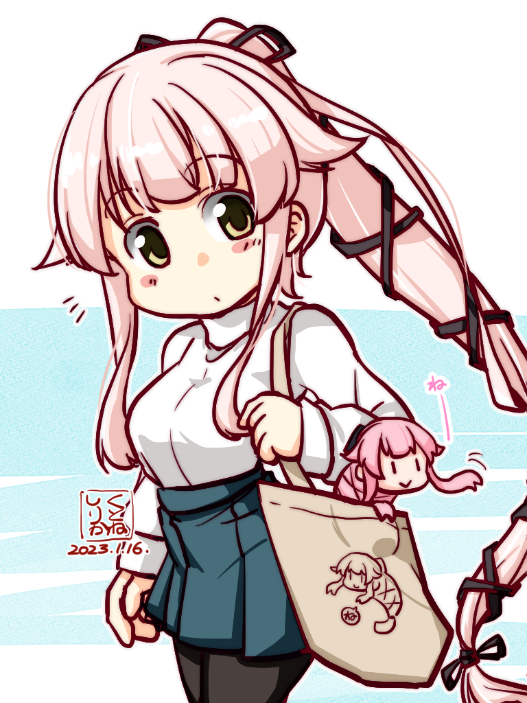 1girl aqua_skirt bag blush grocery_bag hair_flaps hair_ribbon kantai_collection kutone_shirika long_hair long_sleeves official_alternate_costume pink_hair ponytail ribbon shirt shopping_bag sidelocks simple_background skirt smile snake solid_eyes sweater turtleneck turtleneck_sweater very_long_hair white_shirt yura_(kancolle) yura_(snake)