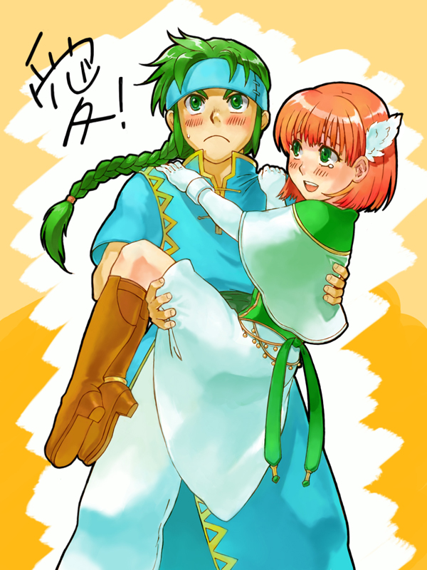 1boy 1girl :d blush carrying feather_hair_ornament feathers fire_emblem fire_emblem:_the_blazing_blade green_eyes guy_(fire_emblem) feather_hair_ornament hair_ornament feather_hair maruchi_(zens24) nintendo open_mouth orange_hair princess_carry priscilla_(fire_emblem) smile teardrop zens24