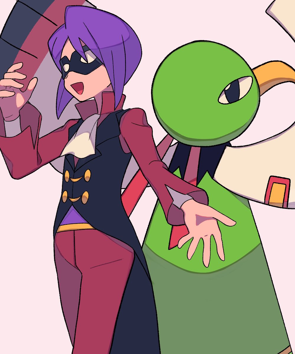1boy :d ascot black_vest coattails commentary_request domino_mask gen_2_pokemon highres long_sleeves male_focus mask nintendo open_mouth pants pokemon pokemon_(creature) pokemon_hgss purple_hair shirt smile tyako_089 undershirt vest white_ascot white_background will_(pokemon) xatu