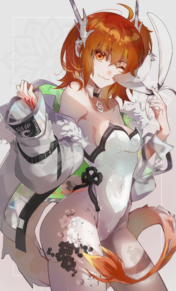 1girl animal_ears bare_shoulders breasts closed_mouth command_spell covered_navel cowboy_shot detached_collar dragon_horns dragon_tail extra_ears fake_animal_ears fate/grand_order fate_(series) floral_print fujimaru_ritsuka_(female) hanako_(onikutabetaiyo) highleg highleg_leotard horns jacket jacket_partially_removed leotard medium_breasts one_eye_closed orange_eyes orange_hair pantyhose playboy_bunny rabbit_ears rabbit_tail short_hair side_ponytail solo tail white_leotard white_pantyhose wrist_cuffs