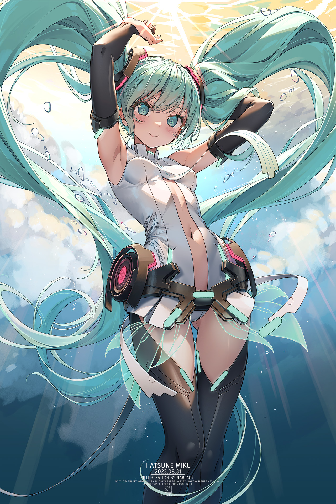 1girl absurdly_long_hair aqua_eyes aqua_hair armpits arms_up bare_shoulders birthday breasts bridal_gauntlets center_opening closed_mouth elbow_gloves feet_out_of_frame gloves gluteal_fold hatsune_miku hatsune_miku_(append) highres hip_gear kuro-kun_(nablack) long_hair looking_at_viewer medium_breasts midriff navel necktie small_breasts smile solo swept_bangs thigh_gap thighhighs twintails underwater very_long_hair vocaloid vocaloid_append