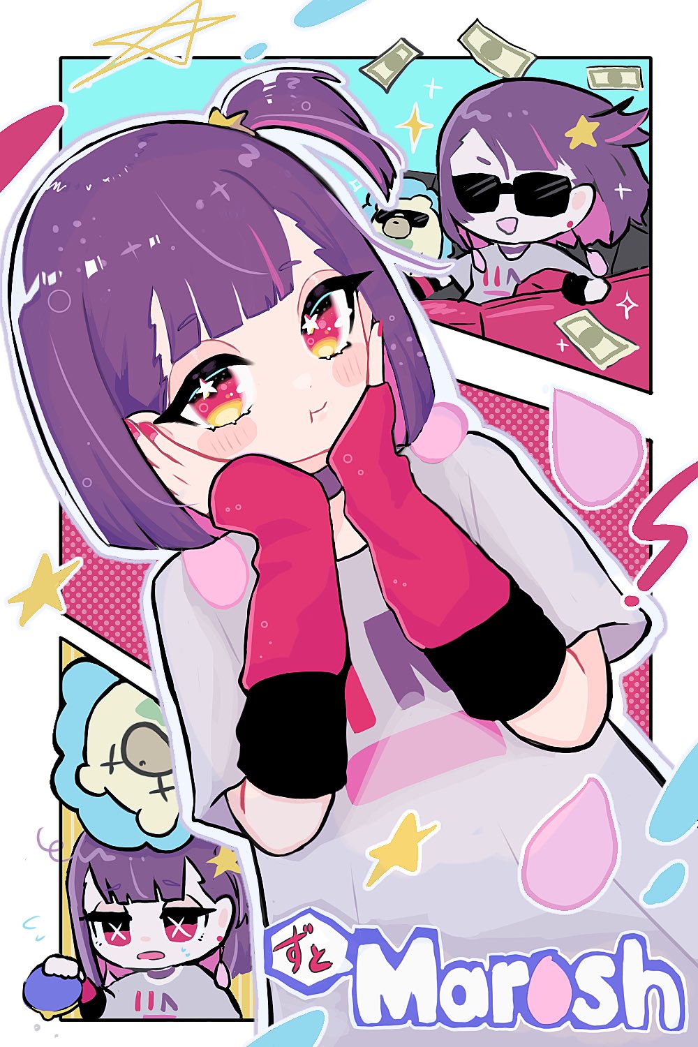 1girl amomo_(geqp21) car choker colored_inner_hair copyright_name earrings grey_shirt hand_warmer hands_on_own_cheeks hands_on_own_face hedgehog highres holding holding_wallet jewelry looking_at_viewer marosh money motor_vehicle multicolored_hair nira-chan nira-chan_(obenkyou_shitoiteyo)_(zutomayo) obenkyou_shitoiteyo open_mouth pink_eyes pink_hair pink_nails purple_choker purple_hair shirt streaked_hair sunglasses uniguri_(zutomayo) wallet clutch_purse x_x zutto_mayonaka_de_ii_no_ni