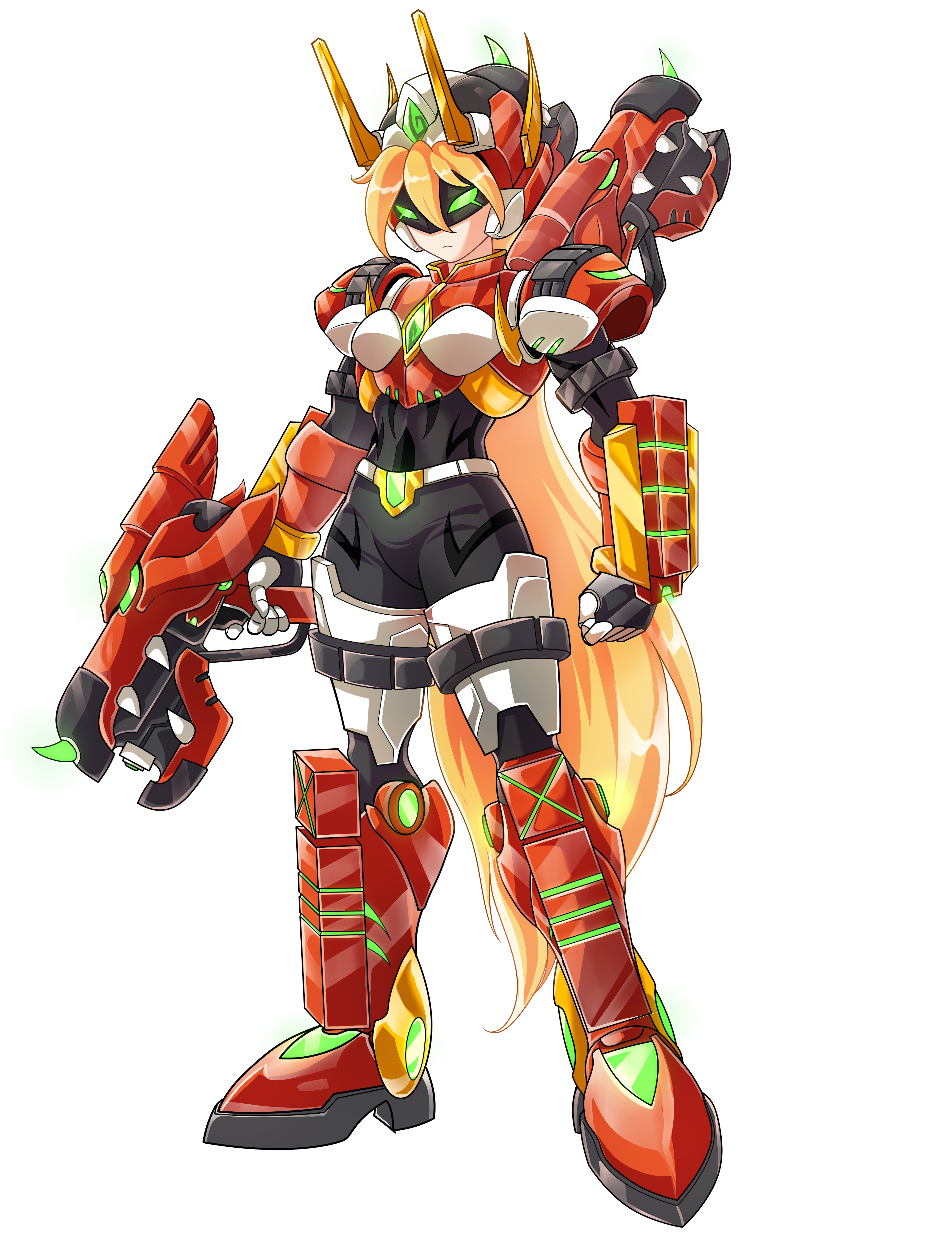 1girl absurdres alternate_costume armor armored_boots back_holster belt blonde_hair body_armor bodystocking boots breasts chest_jewel commission commissioner_upload covered_navel elbow_gloves elf_(mega_man_zx_prequel) fake_horns forehead_jewel full_body gauntlets gloves glowing glowing_eyes green_eyes gun helmet highres holding holding_gun holding_weapon horned_helmet horns knee_boots long_bangs long_hair mega_man_(series) mega_man_zx model_f_(mega_man) non-web_source original petite shoulder_armor small_breasts thigh_armor transparent_background uta_guipiy weapon