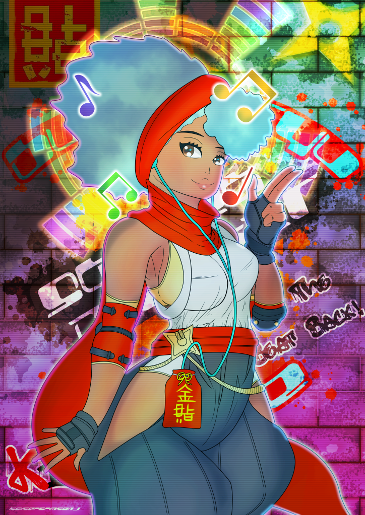 1girl afro bra bra_peek breasts capcom cleavage dark-skinned_female dark_skin elbow_pads fighting_game graffiti hip_vent kaisercrimson_1 kimberly_jackson kuji-in ninja official_alternate_costume official_alternate_hairstyle street_fighter street_fighter_6 underwear yellow_bra