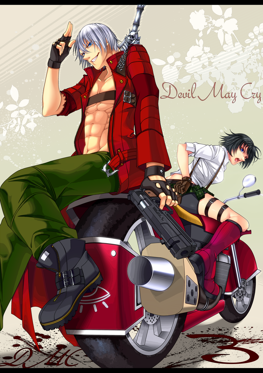 1boy 1girl bike_shorts black_gloves black_hair coat copyright_name dante_(devil_may_cry) devil_may_cry devil_may_cry_(series) devil_may_cry_3 ebony_&amp;_ivory fingerless_gloves gloves gun highres holding holding_gun holding_weapon lady_(devil_may_cry) motor_vehicle motorcycle no_shirt on_motorcycle pants rebellion_(sword) red_coat sayo_wini shirt short_hair smirk sword sword_on_back weapon weapon_on_back white_hair white_shirt