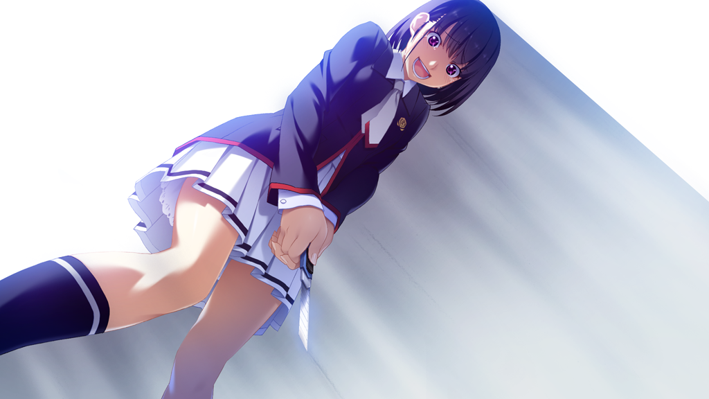 1girl aged_down black_jacket blazer boxcutter collared_shirt crazy_smile crying crying_with_eyes_open feet_out_of_frame from_below game_cg grisaia_(series) grisaia_no_kajitsu holding holding_boxcutter holding_weapon jacket laughing long_sleeves necktie non-web_source official_alternate_hair_length official_alternate_hairstyle open_mouth pleated_skirt purple_eyes sakaki_yumiko shirt short_hair skirt smile solo standing tears two-handed variant_set watanabe_akio weapon white_necktie white_shirt white_skirt