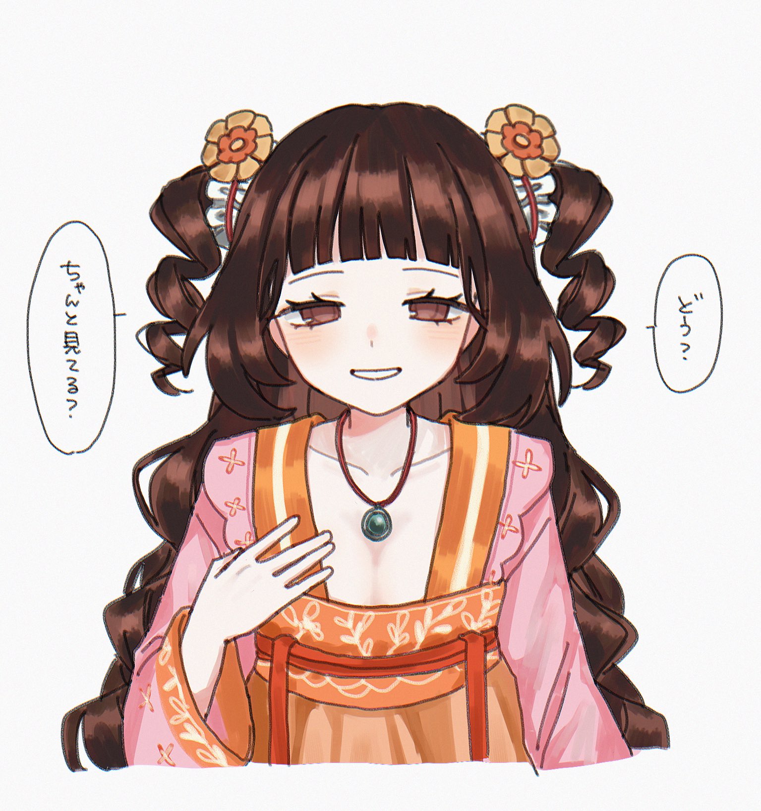 1girl 68oljg breasts brown_eyes brown_hair chinese_clothes cleavage drill_hair flower hair_flower hair_ornament hanfu highres jade_pendant limbus_company long_hair long_sleeves looking_at_viewer orange_flower orange_hanfu pink_hanfu project_moon qixiong_ruqun red_ribbon ribbon simple_background smile solo twin_drills upper_body white_background xue_baochai_(project_moon)