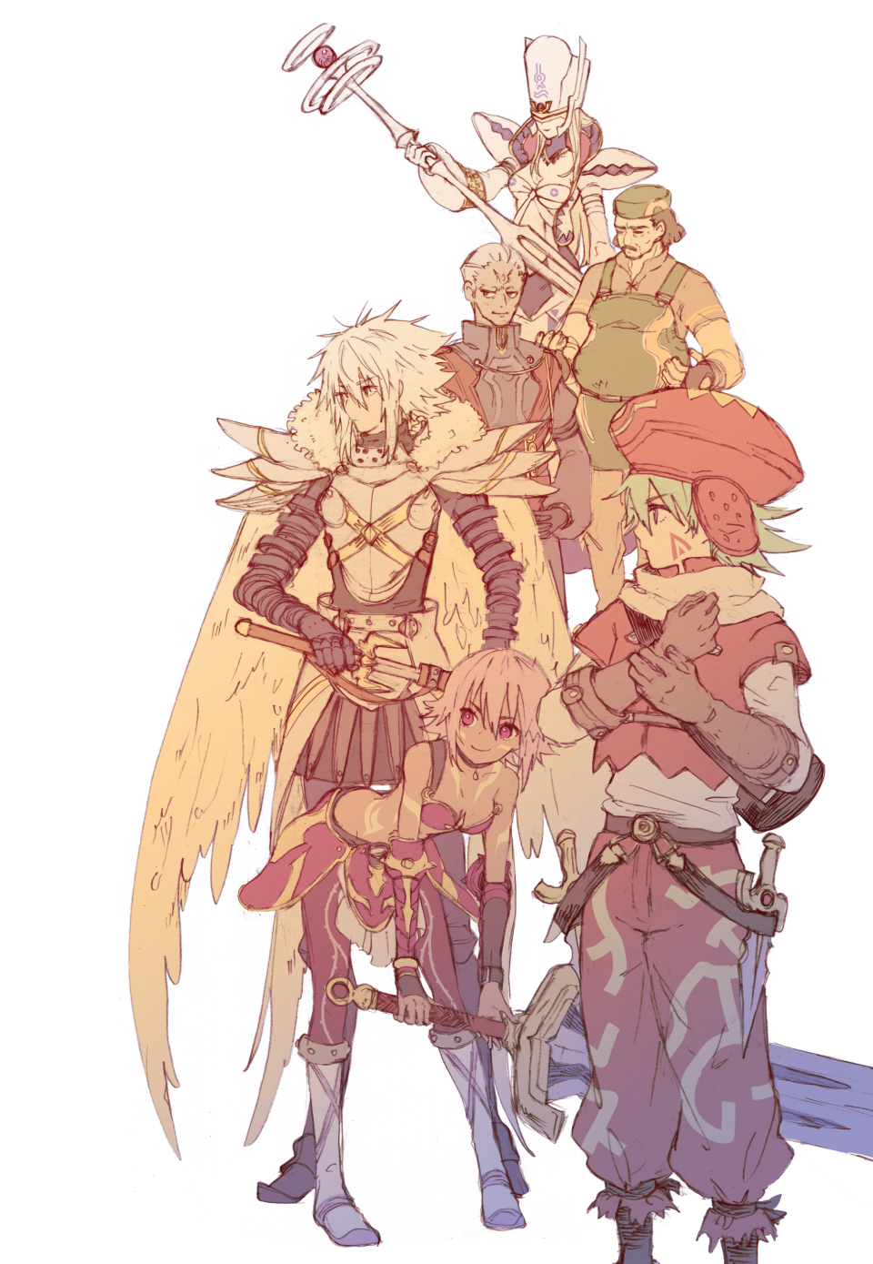 .hack// .hack//games 2girls 4boys apron aqua_hair arm_guards armor balmung_(.hack//) bandeau belt bikini_armor black_gloves black_rose_(.hack//) blue_armor boots breastplate breasts brown_gloves brown_hair commentary_request covered_eyes cropped_jacket dagger dark_skin facial_hair facial_mark fat fat_man faulds feathered_wings forehead_mark gauntlets gloves green_apron green_hat hand_on_own_wrist hat helba_(.hack//) high_collar highres holding holding_staff holding_sword holding_weapon huge_weapon jacket kite_(.hack//) kneehighs knife leaning_forward lios_(.hack//) long_sleeves looking_to_the_side mage_staff medium_breasts multiple_boys multiple_girls mustache open_clothes open_jacket orange_hat orange_jacket orange_pants pants purple_eyes purple_hair robe ruhuna_02 scabbard sepia sheath shirt short-sleeved_jacket short_hair short_sleeves shoulder_armor sidelocks simple_background small_breasts smile socks staff sword tall_hat thorn_print triangle triangle_facial_mark unsheathing very_short_hair weapon white_background white_bandeau white_boots white_hair white_hat white_jacket white_shirt wings wiseman_(.hack//)