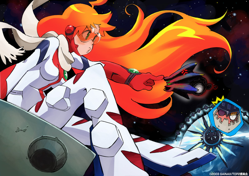 +_+ 00s 1girl ahoge buster_machine_7 cross-shaped_pupils dix-neuf floating_hair gainaxtop goggles long_hair mecha nono_(top_wo_nerae_2!) poking red_hair robot scarf size_difference space surprised symbol-shaped_pupils top_wo_nerae!_(series) top_wo_nerae_2!