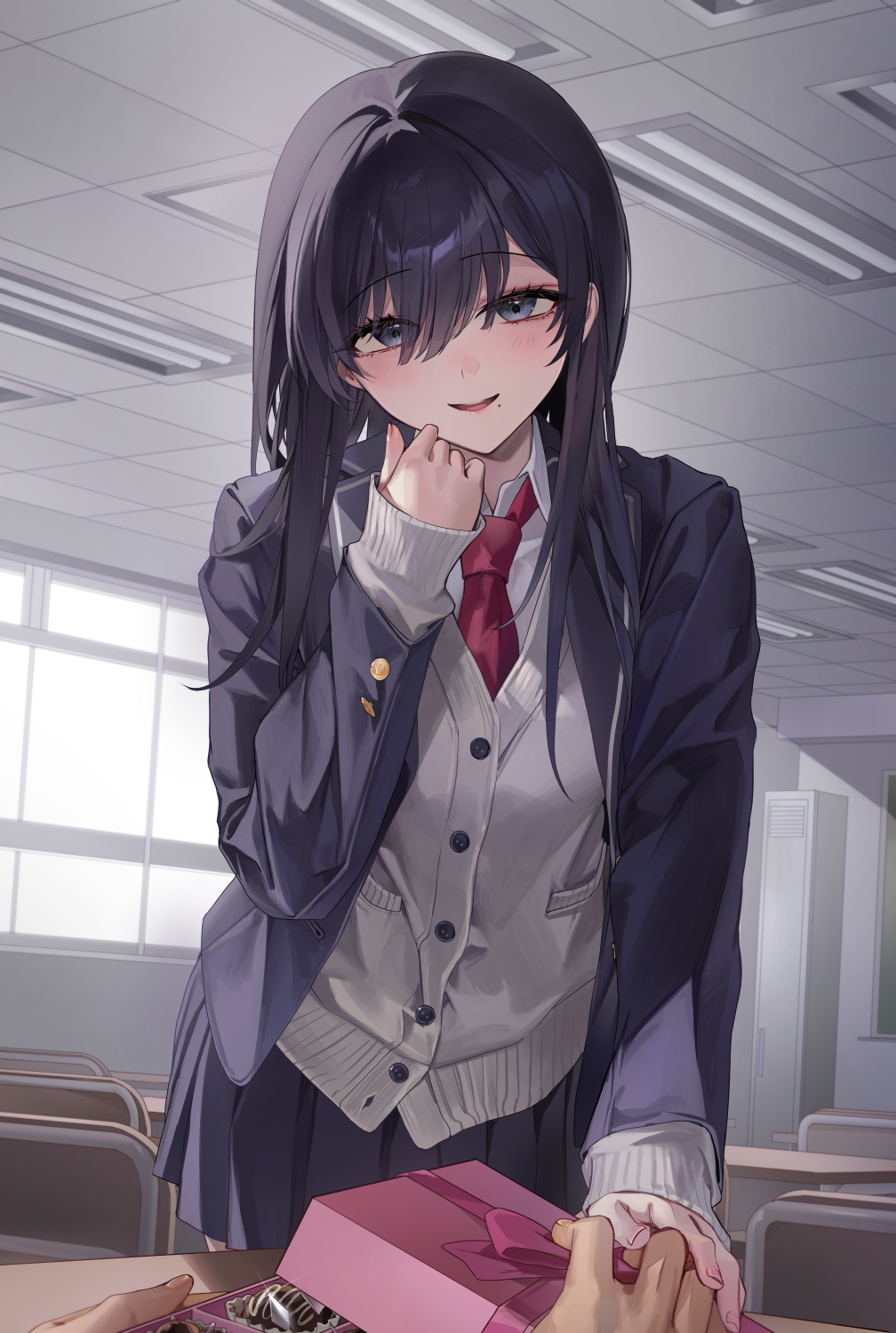 1boy 1girl black_eyes black_hair black_jacket black_skirt breasts chocolate classroom collared_shirt commentary_request cowboy_shot grey_sweater hand_up highres indoors jacket light_blush long_hair looking_at_viewer mole mole_under_mouth necktie original pov pov_hands red_necktie sabotensuteeki shirt skirt small_breasts smile sweater white_shirt