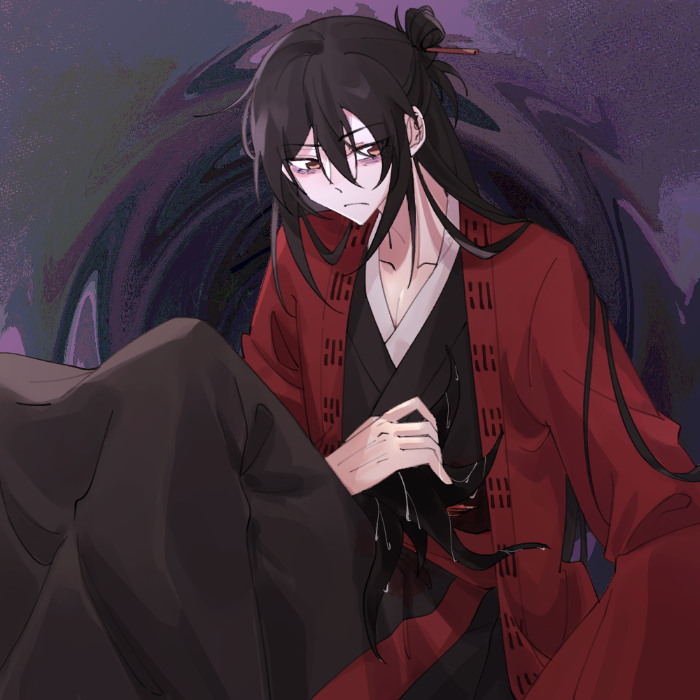 1boy bags_under_eyes black_hair black_hanfu chinese_clothes chinese_commentary closed_mouth coat collarbone creature ct1365879586 dao_gui_yi_xian frown hair_between_eyes hair_bun hair_ornament hair_stick half_updo hanfu holding holding_creature knees_up li_huowang li_sui_(tentacles) long_hair long_sleeves looking_at_viewer male_focus open_clothes open_coat pectoral_cleavage pectorals red_coat red_eyes red_sash robe sash single_hair_bun sitting slime_(substance) solo swirl tentacles very_long_hair