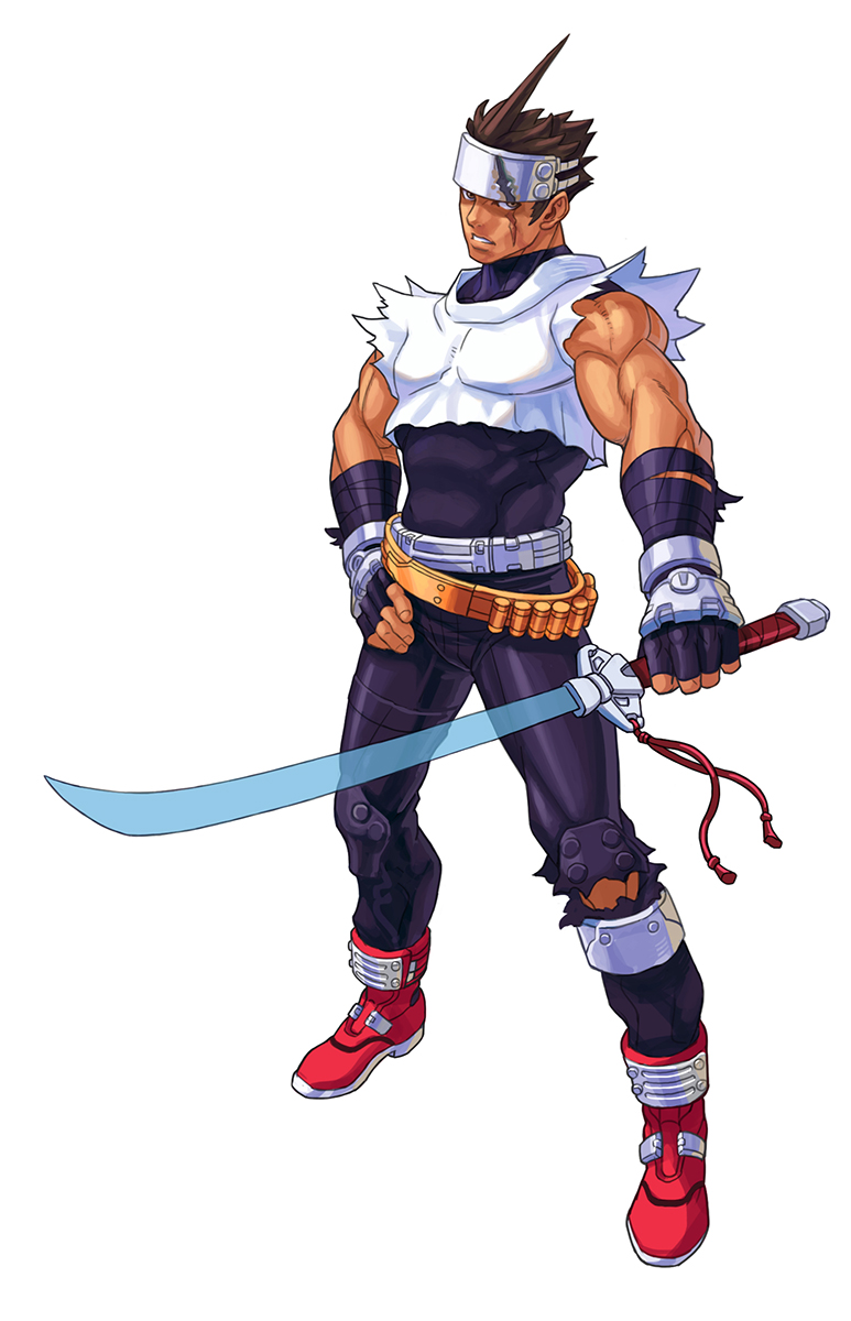 1boy ammunition_belt bingoman boots brown_eyes brown_hair capcom energy_sword fingerless_gloves forehead_protector full_body gloves hand_on_own_hip highres kanzaki_hayato_(star_gladiator) knee_pads male_focus muscular pants scar scar_across_eye scar_on_face science_fiction sleeveless solo spiked_hair star_gladiator sword torn_clothes torn_pants weapon white_background
