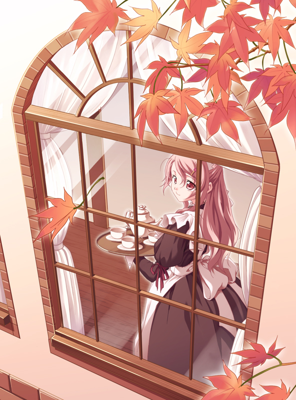 1girl apron autumn_leaves female_focus geisya hair_ornament hairclip leaf long_hair looking_outside maid maid_apron original pink_eyes pink_hair solo tea_set teapot tray window