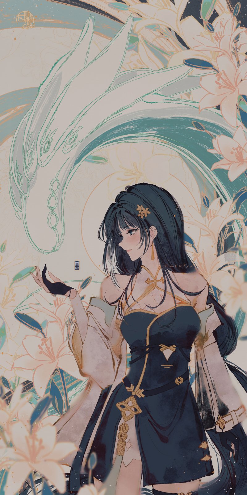 baizhi_(wuthering_waves) bare_shoulders black_gloves black_hair blush chinese_clothes cleavage_cutout clothing_cutout earrings fingerless_gloves flower from_side gloves hair_ornament highres jewelry long_hair low-tied_long_hair thighs white_string wuthering_waves xuehina