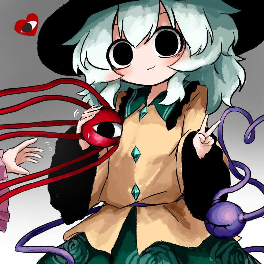 2girls black_eyes black_hat buttons closed_mouth cowboy_shot diamond_button floral_print flying_sweatdrops frilled_shirt_collar frilled_sleeves frills green_hair green_skirt grey_background hat heart heart_of_string heripantomorrow komeiji_koishi komeiji_satori long_sleeves looking_at_viewer medium_hair multiple_girls out_of_frame print_skirt rose_print shirt siblings sisters skirt solo_focus third_eye touhou v wide_sleeves yellow_shirt