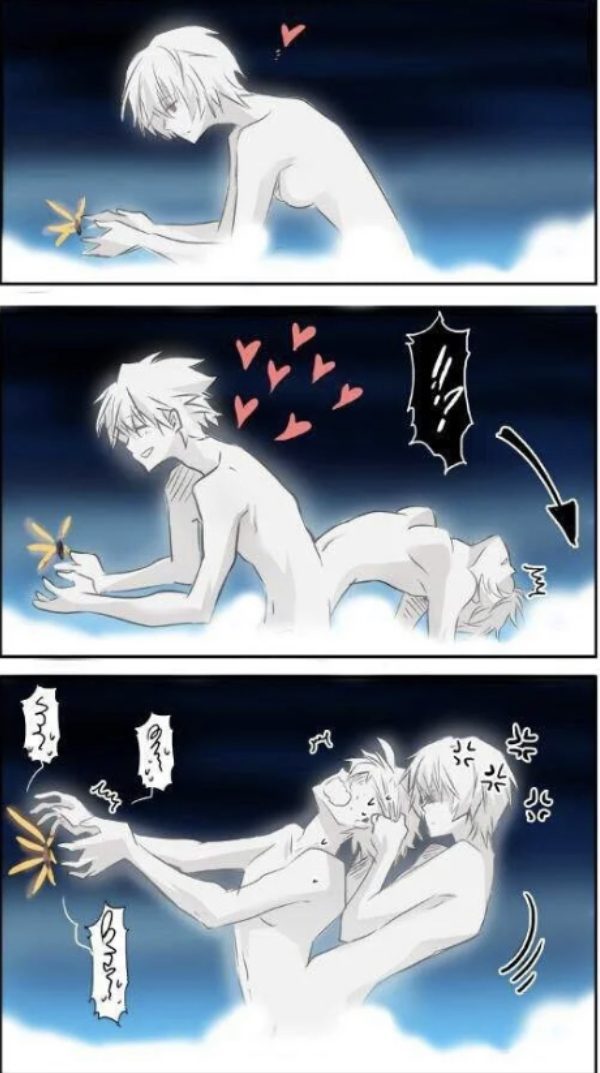 1boy 1girl angry artist_request ayanami_rei blue_sky breasts cloud conjoined the_end_of_evangelion eva_01 giant giantess heart lilith_(ayanami_rei) medium_breasts nagisa_kaworu navel neon_genesis_evangelion pale_skin parody short_hair sky translation_request what