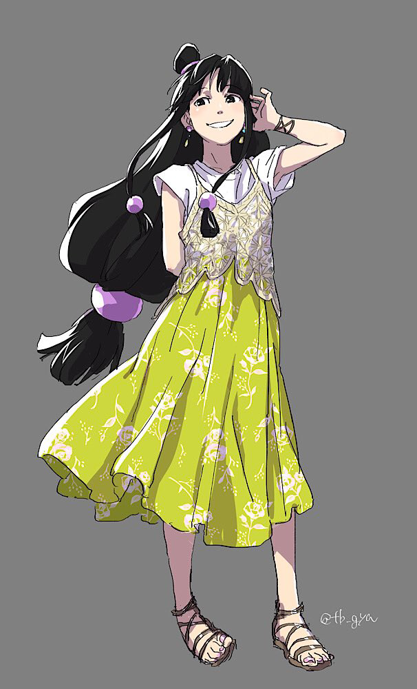 1girl ace_attorney adjusting_hair alternate_costume arm_behind_back black_hair blunt_bangs cropped_shirt dress earrings floral_print full_body grey_background hair_ornament half_updo hand_up jewelry lace long_hair looking_to_the_side maya_fey parted_bangs sandals see-through_clothes see-through_shirt shirt short_sleeves sidelocks simple_background smile solo standing taba_(tb_gya) white_shirt yellow_dress