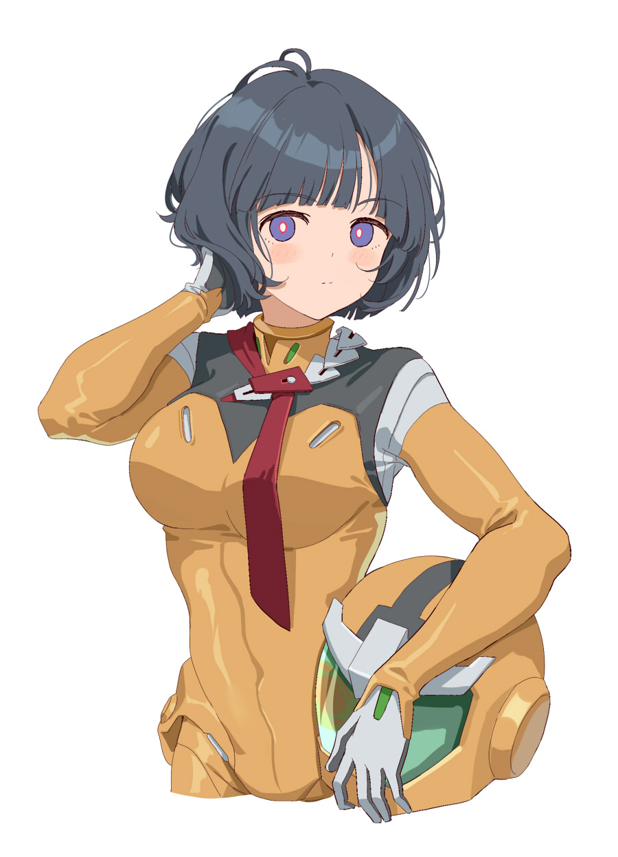 1girl black_hair blunt_bangs blush_stickers bodysuit bow breasts commentary cowboy_shot cropped_legs fangxiang_cuoluan gundam gundam_gquuuuuux hand_in_own_hair helmet highres holding holding_helmet large_breasts looking_at_viewer mecha_pilot_suit medium_hair messy_hair necktie normal_suit_(gundam) purple_eyes red_bow shiiko_sugai short_hair solo unworn_headwear unworn_helmet white_background