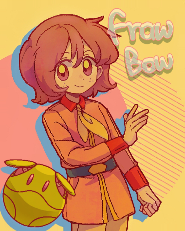 1girl belt_around_waist character_name chinese_commentary clenched_hand closed_mouth commentary_request fraw_bow freckles gundam haro long_sleeves looking_at_viewer luodi_liangdiao medium_hair mobile_suit_gundam necktie pixel_art robot simple_background smile