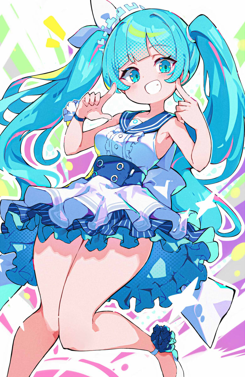 1girl aqua_eyes aqua_hair back_ribbon blue_archive breasts frilled_skirt frills grin hatsune_miku highres long_hair omochishiki ribbon shirt shoes skirt sleeveless sleeveless_shirt smile solo teeth thick_thighs thighs twintails very_long_hair vocaloid white_ribbon white_shoes white_skirt