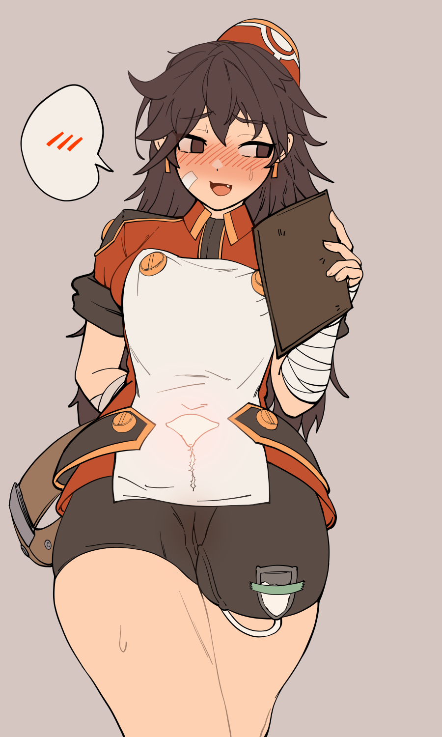 1girl 3gs arm_wrap averting_eyes bandage_on_face bandages belt bike_shorts blush breasts brown_eyes camilla_(elsword) covered_navel cowboy_shot earrings elsword embarrassed female_focus flat_color grey_background half-closed_eyes hand_up happy hat holding artificial_insemination jewelry long_hair looking_to_the_side matching_hair/eyes medium_breasts nervous nervous_smile nose_blush object_insertion open_mouth pillbox_hat raised_eyebrows red_hat red_shirt shirt short_sleeves sidelocks simple_background smile solo speech_bubble spoken_blush standing sweat tape thick_thighs thighs tube uterus vaginal vaginal_object_insertion x-ray