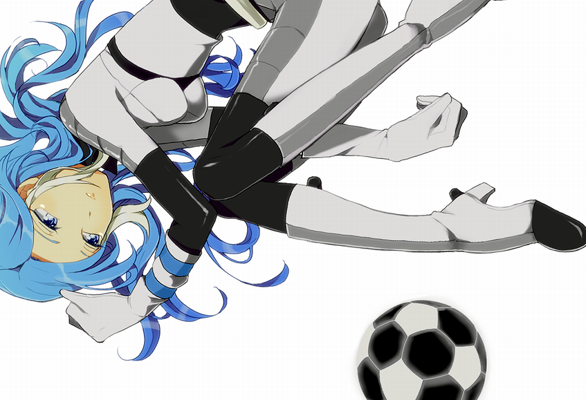 1girl bad_id bad_pixiv_id ball blue_eyes blue_hair bodysuit boots female_focus gloves inazuma_eleven inazuma_eleven_(series) long_hair lying matching_hair/eyes multicolored_hair radiwo soccer_ball solo two-tone_hair urubida white_background white_hair