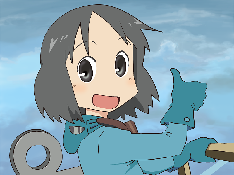 1980s_(style) 1girl :d black_eyes black_hair cosplay dotechin female_focus kaze_no_tani_no_nausicaa looking_at_viewer nausicaa nausicaa_(cosplay) nichijou oldschool open_mouth parody pun retro_artstyle shinonome_nano short_hair sky smile solo thumbs_up winding_key
