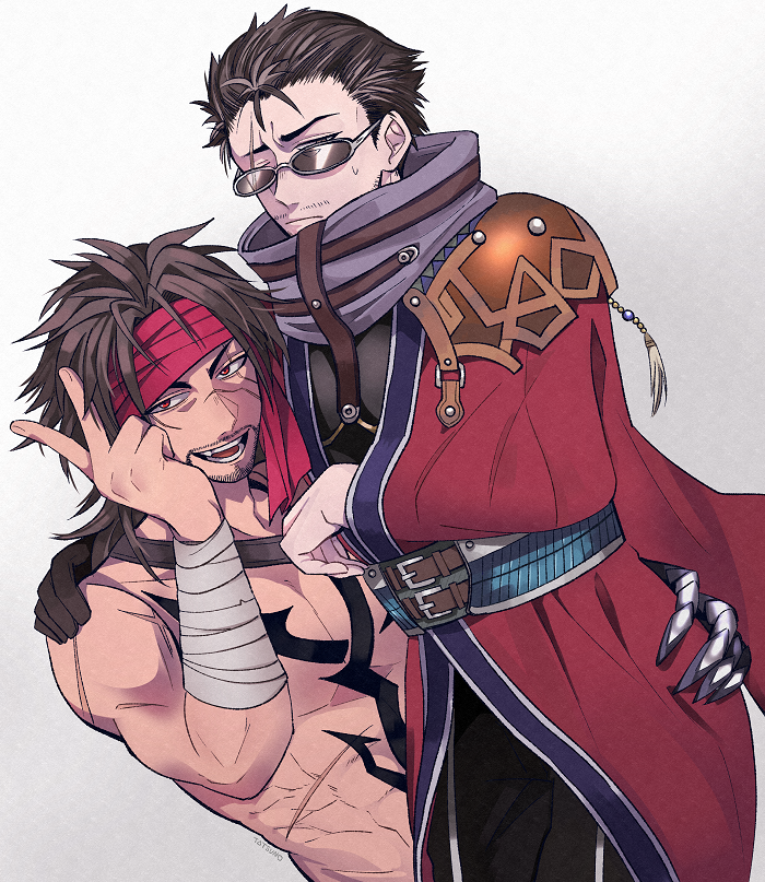 2boys annoyed arm_wrap armor asymmetrical_gloves auron bandana belt belt_buckle black_gloves black_pants brown_hair buckle chest_tattoo clawed_gauntlets facial_hair final_fantasy final_fantasy_x gauntlets glasses gloves gradient_background grey_hair grin hand_on_another&#039;s_shoulder hand_on_another&#039;s_waist high_collar hug implied_yaoi japanese_armor japanese_clothes jecht male_focus medium_hair messy_hair multicolored_hair multiple_belts multiple_boys multiple_scars mustache_stubble pants pauldrons red_bandana red_eyes scar scar_across_eye scar_on_arm scar_on_chest scar_on_face scar_on_shoulder scar_on_shoulders short_hair shoulder_armor single_pauldron smile streaked_hair stubble sunglasses sweatdrop tattoo topless_male tribal_tattoo ttnoooo v white_background