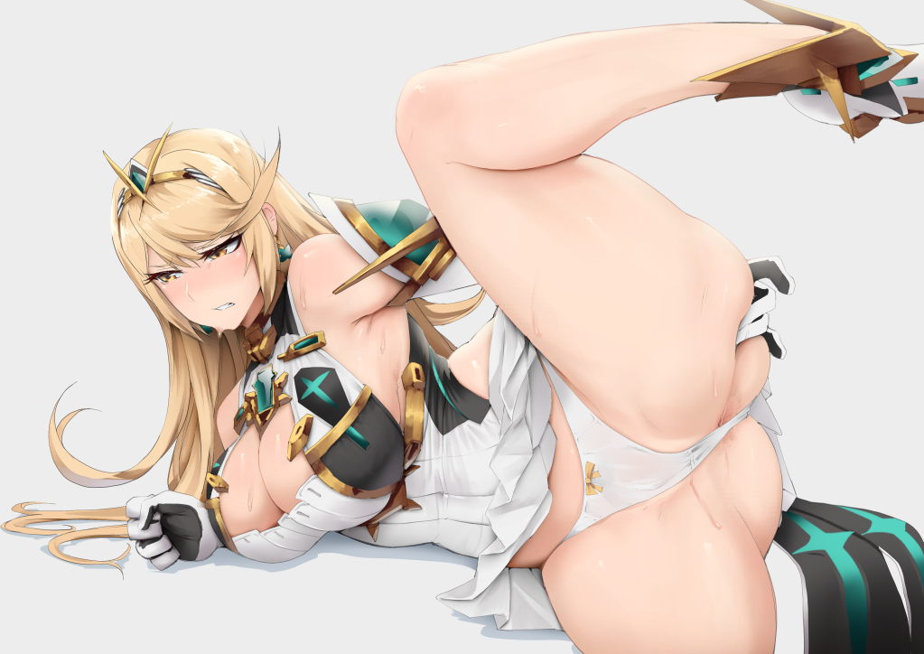 1girl anus anus_peek ass bare_shoulders blonde_hair blush breasts cleavage dress earrings elbow_gloves gloves grabbing_own_ass hands_on_own_ass jewelry large_breasts leg_up long_hair lying mythra_(xenoblade) on_side panties presenting spread_anus spread_ass spreading_own_anus stormcow swept_bangs tiara underwear very_long_hair xenoblade_chronicles_(series) xenoblade_chronicles_2 yellow_eyes