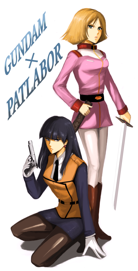 2girls bad_id bad_pixiv_id black_hair blonde_hair blue_eyes blunt_bangs boots copyright_name earrings gloves green_eyes gun gundam handgun inoue_you jewelry kanuka_clancy kidou_keisatsu_patlabor military military_uniform mobile_suit_gundam multiple_girls pantyhose police police_uniform sayla_mass sheath simple_background soot_(susuoke) sword text_focus voice_actor_connection weapon white_legwear