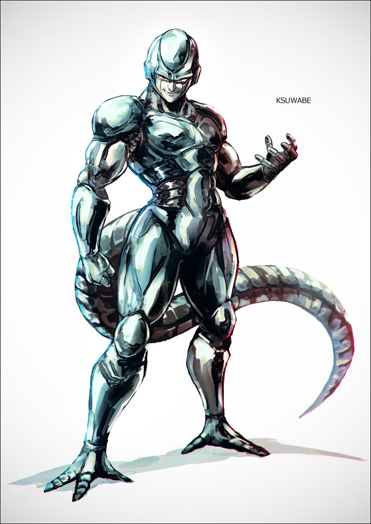 1boy android arm_up cooler_(dragon_ball) dragon_ball dragonball_z full_body k-suwabe looking_at_viewer male_focus meta-cooler metal_skin red_eyes robot smile solo tail