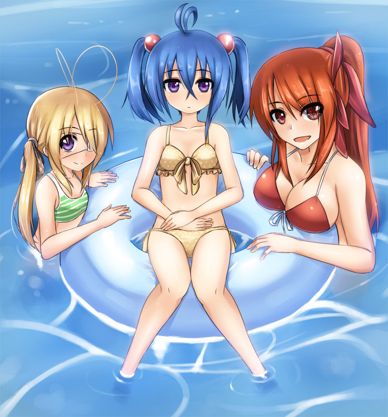 3girls bikini blonde_hair blue_hair breasts brown_hair cleavage eyepatch innertube long_hair medium_breasts multiple_girls original ponytail purple_eyes red_eyes silent_sakia small_breasts swim_ring swimsuit twintails