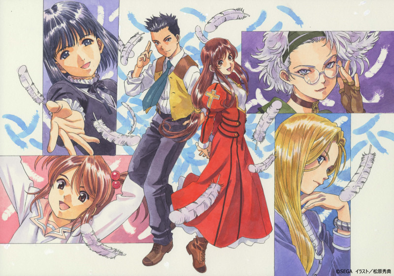 5girls :d adjusting_eyewear armlet arms_behind_back artist_name black_hair black_pants black_ribbon black_sleeves blonde_hair blue_coat blue_eyes blue_sleeves boots bracelet brown_eyes brown_footwear brown_hair buttons chain child closed_mouth coat collar copyright_notice coquelicot_(sakura_taisen) crack cracked_glass cross-laced_footwear dress earrings english_text erica_fontaine everyone feathers fingerless_gloves frilled_sleeves frills full_body glasses gloves glycine_bleumer green_coat green_eyes green_necktie grey_eyes hair_between_eyes hair_bobbles hair_ornament hairband hand_in_pocket jewelry juliet_sleeves kitaooji_hanabi light_brown_hair light_smile lobelia_carlini lock long_hair long_sleeves looking_at_viewer looking_back low-tied_long_hair matsubara_hidenori multiple_girls neck_ribbon necktie official_art oogami_ichirou open_mouth outstretched_arm outstretched_arms padlock padlocked_collar paneled_background pants pink_sailor_collar ponytail projected_inset puffy_sleeves red_dress red_sleeves retro_artstyle ribbon rimless_eyewear round_eyewear sailor_collar sakura_taisen sakura_taisen_iii salute second-party_source short_hair sidelocks simple_background sleeves_rolled_up smile spiked_hair straight_hair suspenders traditional_media twintails two-finger_salute vest white_collar white_feathers white_hair white_hairband white_sleeves yellow_vest