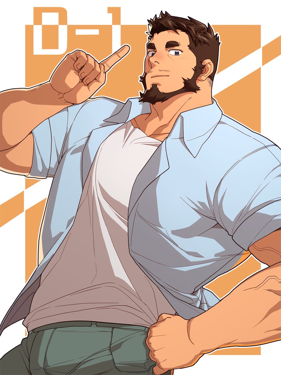 1boy bara beard closed_mouth collared_shirt facial_hair grey_pants highres large_pectorals looking_at_viewer male_focus muscular muscular_male official_art oji-mama_(skskdan) open_clothes open_shirt pants pectorals shirt short_hair simple_background sisimaru_hoshiura solo tank_top ttn_(239_239) white_tank_top