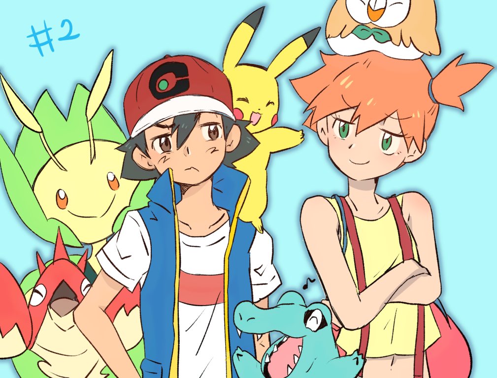 1boy 1girl ash_ketchum bare_arms baseball_cap black_hair blush closed_eyes corphish denim denim_shorts eyelashes gen_1_pokemon gen_2_pokemon gen_3_pokemon gen_5_pokemon green_eyes green_shorts hair_between_eyes hat leavanny misty_(pokemon) mizuto_(o96ap) navel nintendo open_mouth orange_hair orange_shirt pikachu pokemon pokemon_(anime) pokemon_journeys pokemon_swsh138 psyduck shirt short_hair shorts smile suspender_shorts suspenders totodile yellow_shirt
