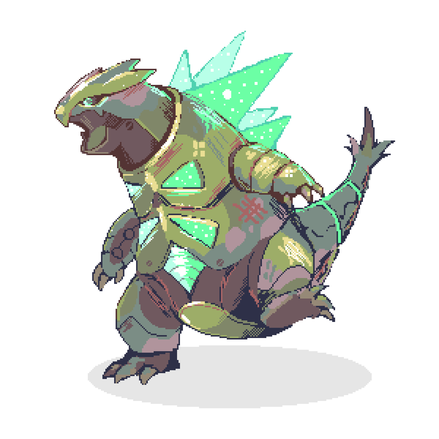 armor fangs full_body gen_2_pokemon glowing green_armor highres iron_thorns nintendo no_humans open_mouth pixel_art pokemon robin_(pixelated_robin) robot simple_background white_background