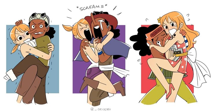 1boy 1girl bikini bikini_top_only breast_press carrying carrying_person ceceru dark-skinned_male dark_skin hat holding holding_hands hug legs long_hair looking_at_viewer nami_(one_piece) nami_(one_piece)_(skypiea) nami_(one_piece)_(thriller_bark) nami_(one_piece)_(wano) one_piece open_mouth orange_hair ponytail tattoo tears usopp