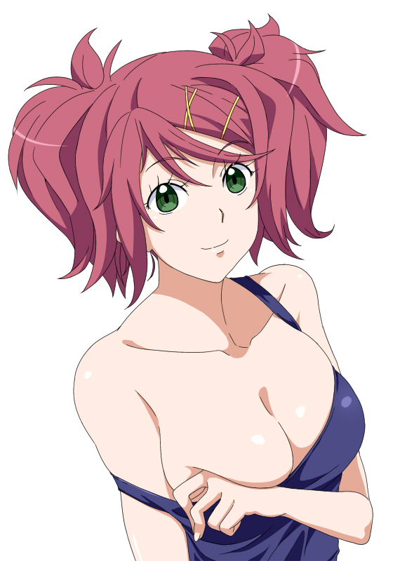 1girl amanchu! blue_one-piece_swimsuit breasts cleavage closed_mouth clothes_pull collarbone covering_nipples covering_privates female_focus green_eyes hair_ornament hairclip large_breasts long_hair looking_at_viewer messy_hair ninomiya_ai one-piece_swimsuit one-piece_swimsuit_pull red_hair simple_background skindentation smile solo strap_pull swept_bangs swimsuit twintails upper_body white_background yoshida_keiji