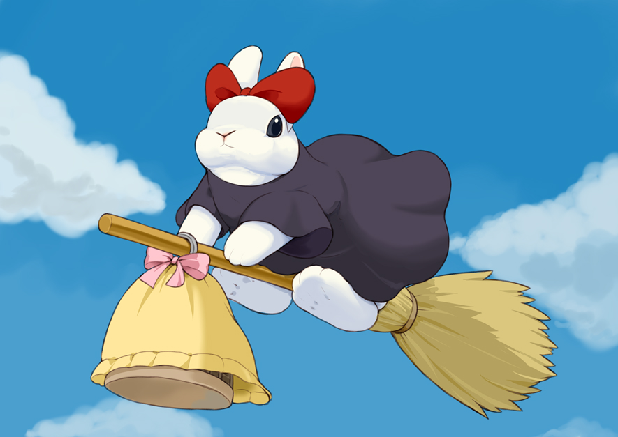 animal animal_focus birdcage black_dress blue_sky bow broom broom_riding cage cloud cosplay dress kiki_(majo_no_takkyuubin) kiki_(majo_no_takkyuubin)_(cosplay) lilac_(p-f_easy) majo_no_takkyuubin no_humans outdoors pink_bow rabbit red_bow sky
