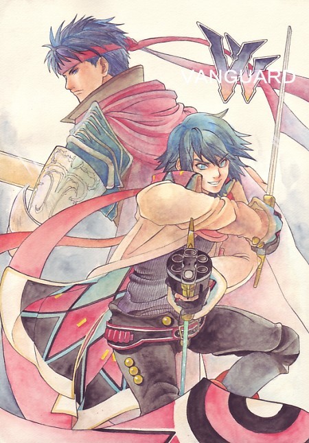 2boys armor back-to-back belt blue_eyes blue_hair cape coat come-sta commentary_request crossover dean_stark fire_emblem fire_emblem:_radiant_dawn gloves gun headband holding holding_gun holding_sword holding_weapon ike_(fire_emblem) ike_(vanguard_legend)_(fire_emblem) male_focus multiple_boys nintendo pants scarf short_hair smile sword weapon wild_arms wild_arms_5