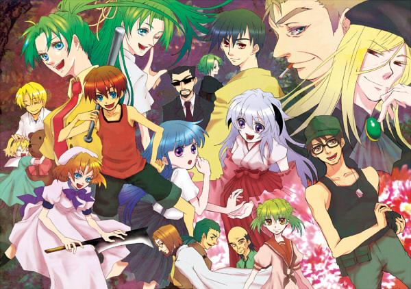 00s 07th_expansion 6+boys 6+girls akasaka_mamoru baseball_bat bear billhook black_hair blonde_hair blue_eyes blue_hair brown_eyes brown_hair cigarette dress everyone closed_eyes furude_rika glasses green_eyes green_hair hanyuu hashitsuki_nata hat hatchet higurashi_no_naku_koro_ni horns houjou_satoko houjou_satoshi irie_kyousuke japanese_clothes kasai_tatsuyoshi kimiyoshi_kiichirou kimiyoshi_natsumi long_hair maebara_keiichi multiple_boys multiple_girls nata_(tool) no_naku_koro_ni_(series) okonogi_tetsurou ooishi_kuraudo orange_hair ponytail purple_eyes purple_hair ribbon ryuuguu_rena school_uniform serafuku short_hair siblings sisters smoking sonozaki_akane sonozaki_mion sonozaki_shion takano_miyo tomitake_jirou twins