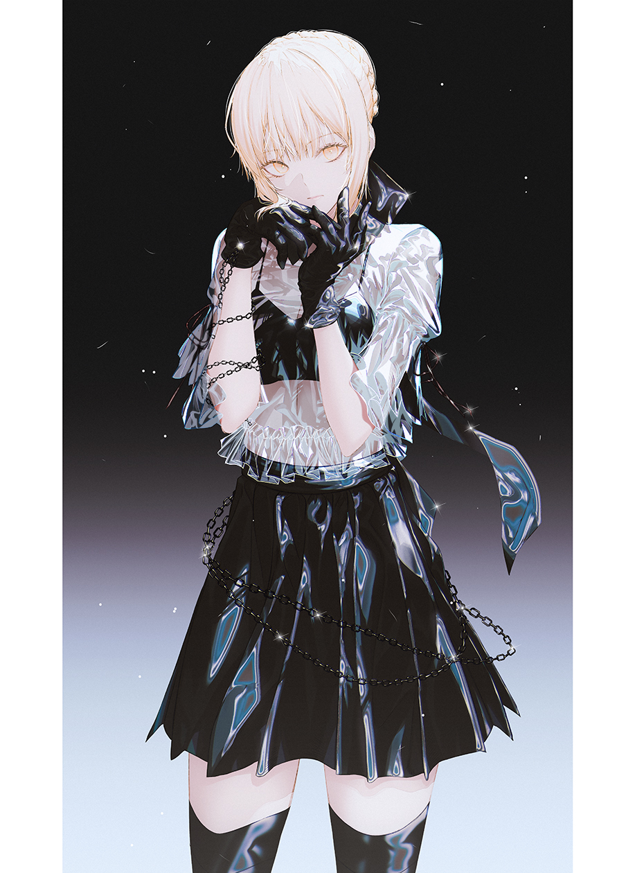1girl artoria_pendragon_(fate) black_background black_collar black_gloves black_ribbon black_thighhighs blonde_hair blunt_bangs border braid breasts chain cleavage collar commentary cowboy_shot english_commentary expressionless fate/stay_night fate_(series) fov_ps frilled_shirt frills gloves gradient_background hair_between_eyes hair_bun hair_ribbon highres latex latex_skirt looking_at_viewer medium_breasts midriff miniskirt pillarboxed pleated_skirt ribbon saber_alter see-through_clothes see-through_shirt shiny_clothes shirt sidelocks simple_background single_hair_bun skirt solo standing thighhighs white_border yellow_eyes zettai_ryouiki