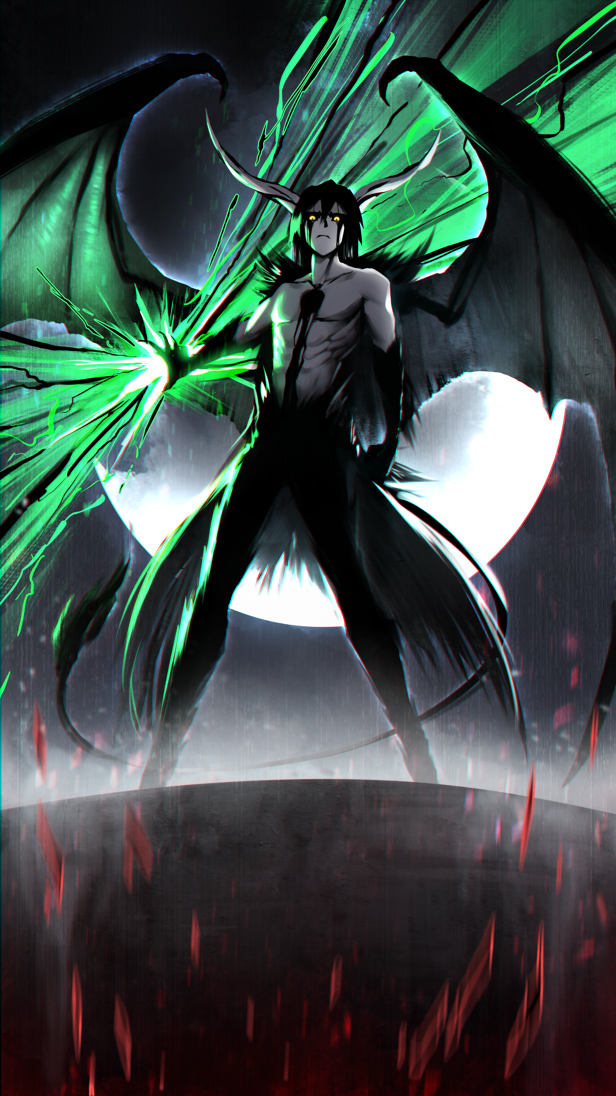 1boy absurdres arrancar aura black_fur black_hair black_sclera bleach collarbone colored_sclera colored_skin demon_boy demon_horns demon_wings energy_weapon fur-tipped_tail hair_between_eyes highres hole_in_chest hole_on_body horns looking_at_viewer looking_down male_focus moon resurreccion slit_pupils solo standing topless_male ulquiorra_cifer white_skin wings yellow_eyes zaekyn