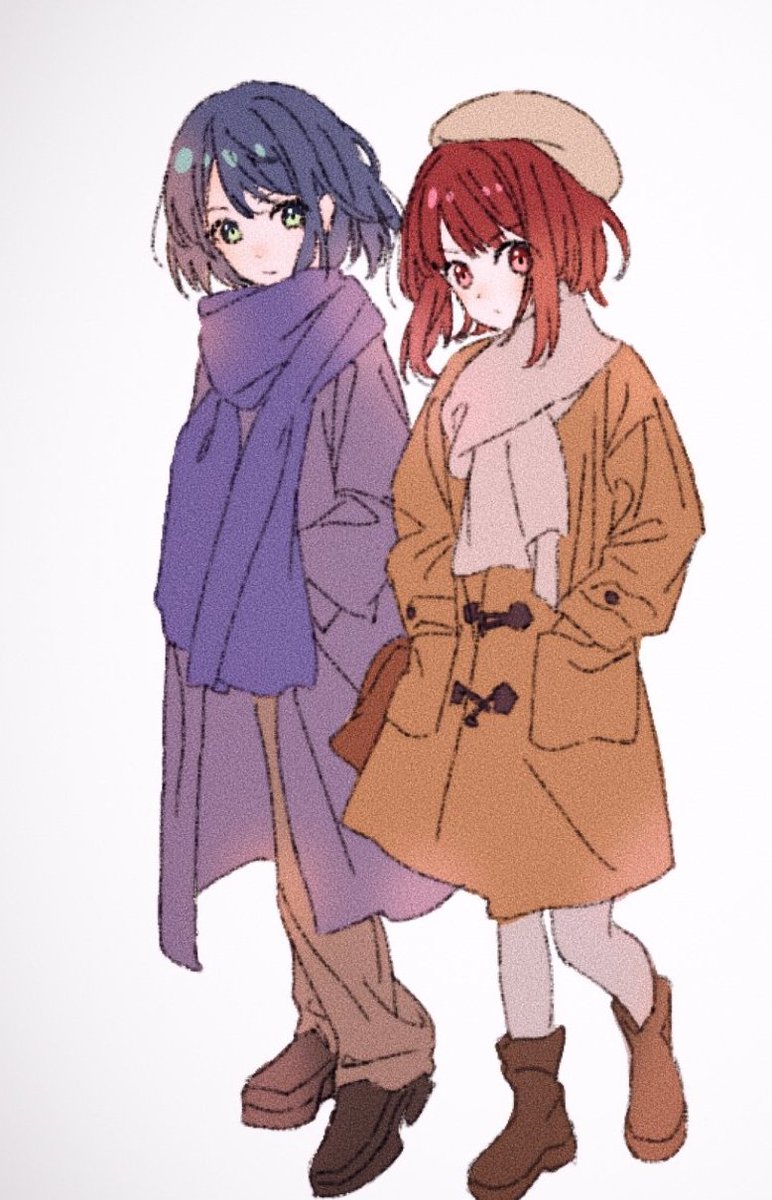 2girls arima_kana beret blue_eyes blue_hair blue_shawl bob_cut brown_footwear closed_mouth hat highres inverted_bob jacket kurokawa_akane looking_at_viewer multiple_girls oshi_no_ko red_eyes red_hair shawl short_hair simple_background white_background yamabukiyuki
