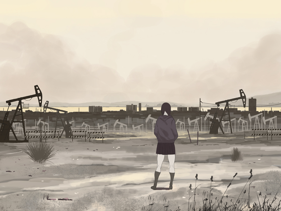 1girl black_hair cityscape cloud cloudy_sky desert female_focus from_behind grass hands_in_pockets hood hoodie horizon landscape monochrome oil_well original pumpjack shiira sky solo standing