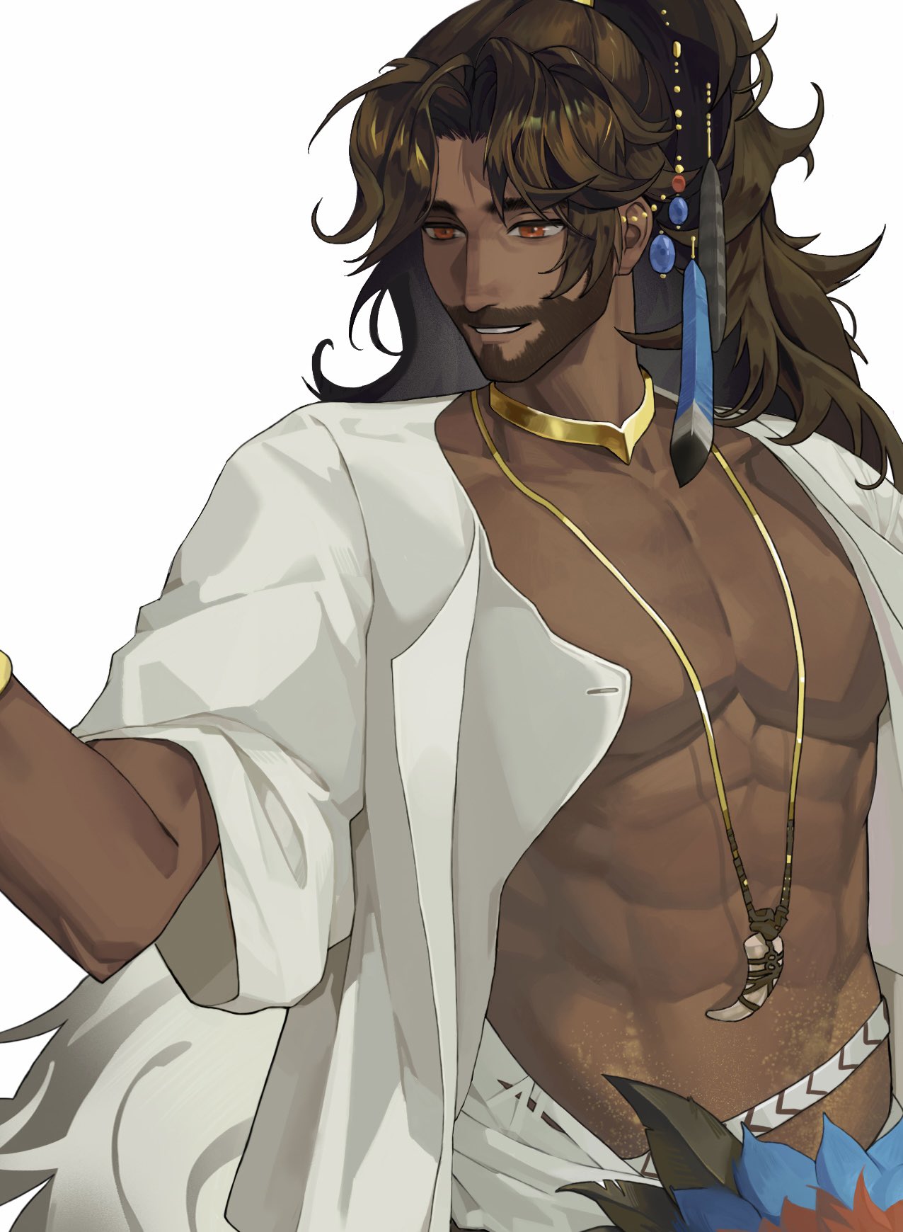 1boy abs beard black_hair cropped dark-skinned_male dark_skin facial_hair feather_hair_ornament feathers gold_choker grin hair_ornament high_ponytail highres jewelry long_hair looking_to_the_side male_focus mature_male necklace official_alternate_costume open_clothes open_shirt pectorals ponytail red_eyes reverse:1999 sept_(septyuyi) shamane shirt short_sleeves smile solo toned toned_male tooth_necklace upper_body white_background white_shirt