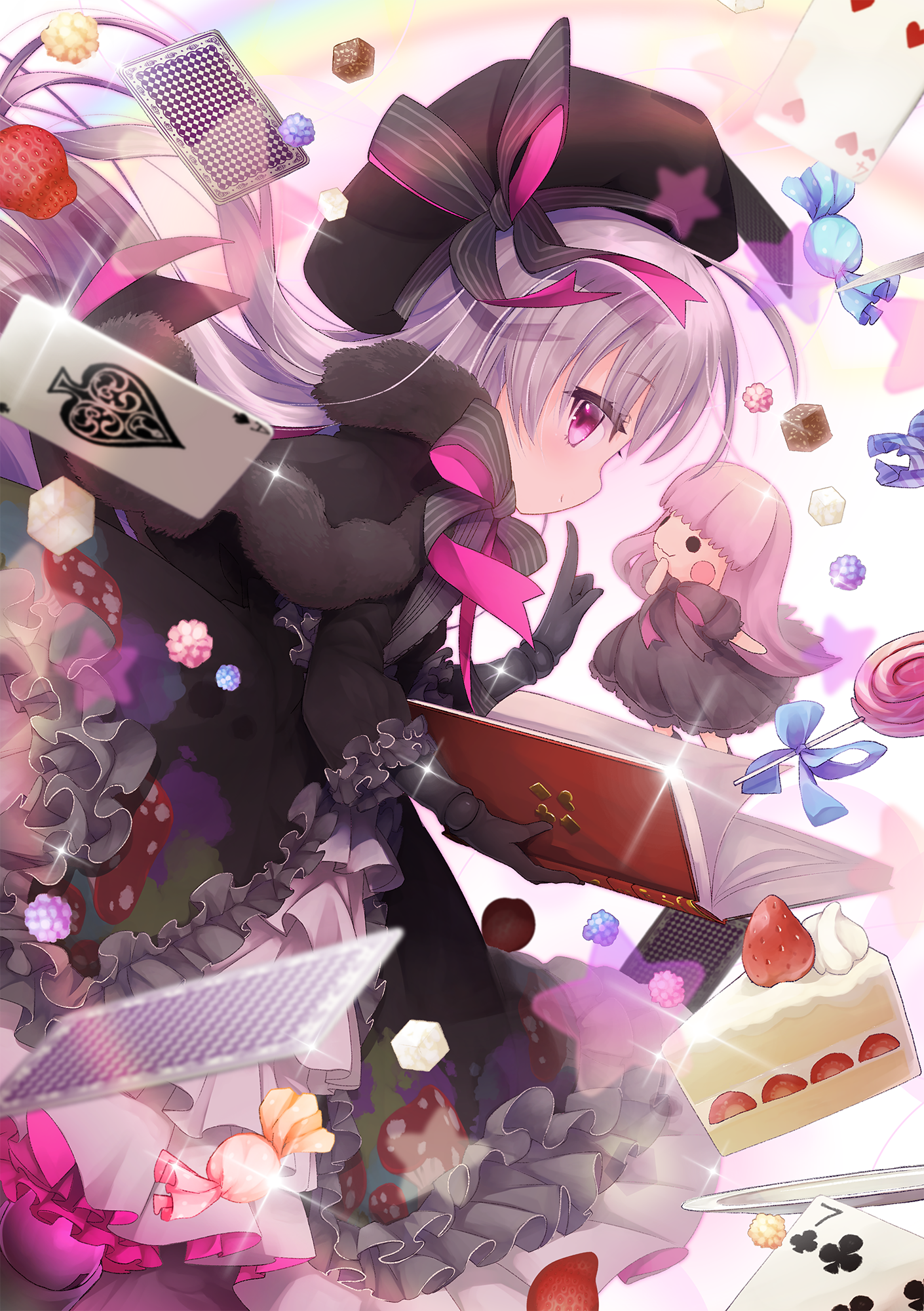 ace_(playing_card) ace_of_spades black_dress black_gloves black_headwear blush book cake cake_slice candy card doll dress eyelashes fate/extra fate_(series) food four_of_hearts fruit gloves highres icing lollipop mushroom n:go nursery_rhyme_(fate) nursery_rhyme_(third_ascension)_(fate) open_book playing_card purple_eyes seven_of_clubs spade_(shape) strawberry strawberry_shortcake sugar_cube